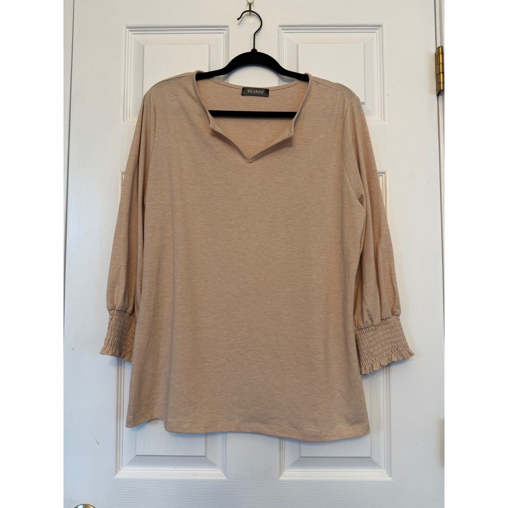 PGANDS Women Beige Notched V-Neck Puff Sleeve Smocked Cuff Knit Top Large - Picture 2 of 7